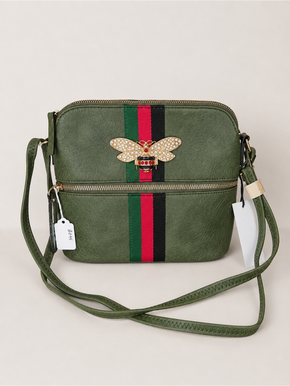 Olive Green Crossbody Bag with Gold Bee Accent